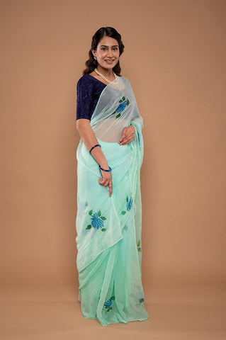 Viscose Chiffon Sky Handpainted Saree