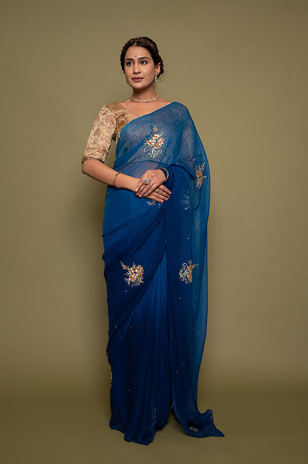 Viscose Chiffon Blue Butta Siquin Saree