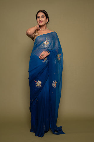 Viscose Chiffon Blue Butta Siquin Saree