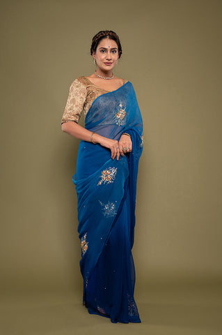 Viscose Chiffon Blue Butta Siquin Saree