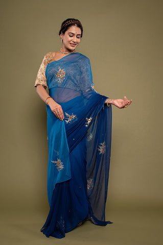 Viscose Chiffon Blue Butta Siquin Saree