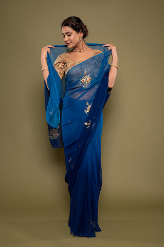 Viscose Chiffon Blue Butta Siquin Saree