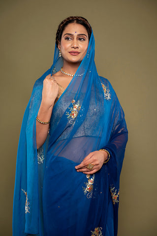 Viscose Chiffon Blue Butta Siquin Saree