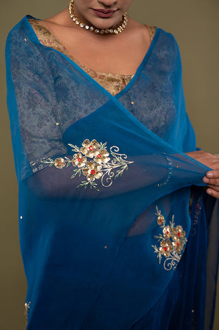 Viscose Chiffon Blue Butta Siquin Saree