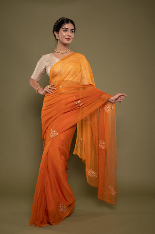 Viscose Chiffon Orange Butta Work Saree