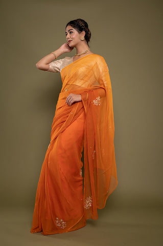 Viscose Chiffon Orange Butta Work Saree