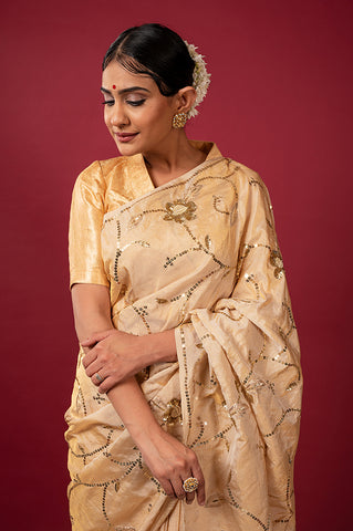 Handloom Tissue Gold Chamois Saree