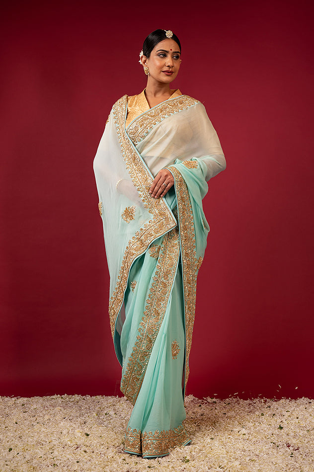 Sea Green  pure chiffon zardozi border butti handwork saree
