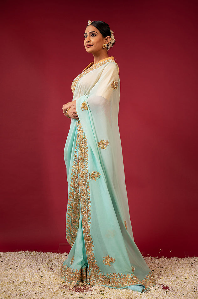 Sea Green  pure chiffon zardozi border butti handwork saree