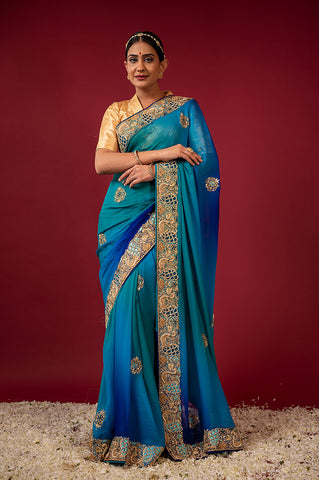 Bridal peacock Blue Pure Chiffon Saree