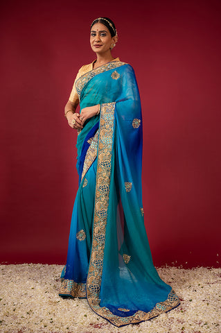 Bridal peacock Blue Pure Chiffon Saree