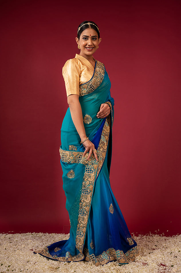 peacock blue pure chiffon aari zardozi resham border butti handwork saree