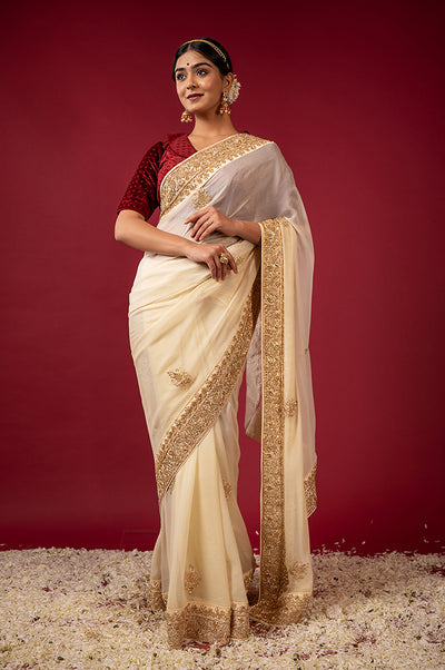 Bridal Cream Pure Chiffon Saree