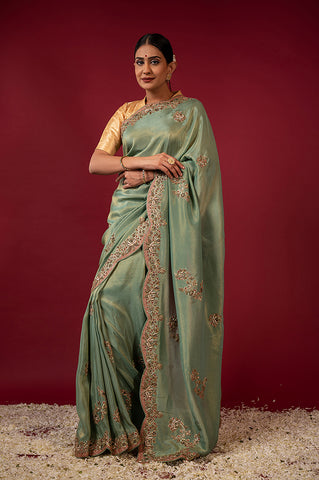 Green tissue Zardozi work Saree