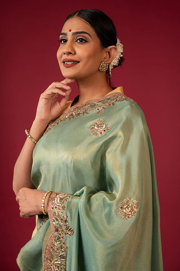 gray teal Pure Tissue zardozi border butti handwork saree