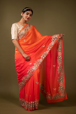 Tangerine Cutt Work Pure Chiffon Saree