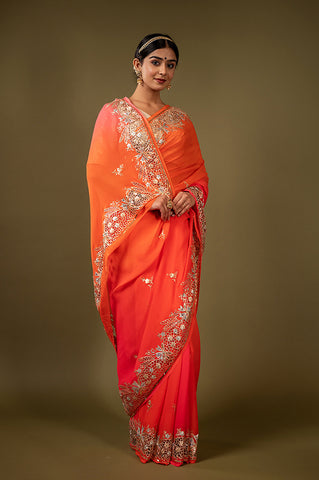 Tangerine Cutt Work Pure Chiffon Saree