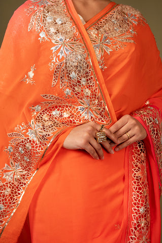 Tangerine Cutt Work Pure Chiffon Saree