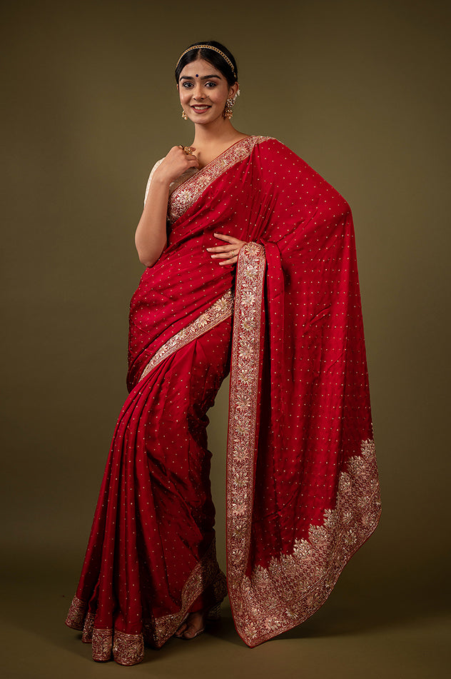 Royal red pure silk Satin gota patti  handwork saree
