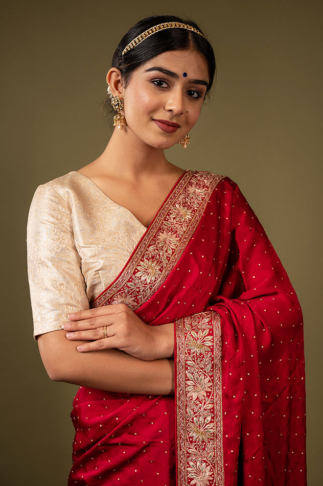 Royal red pure silk Satin gota patti  handwork saree