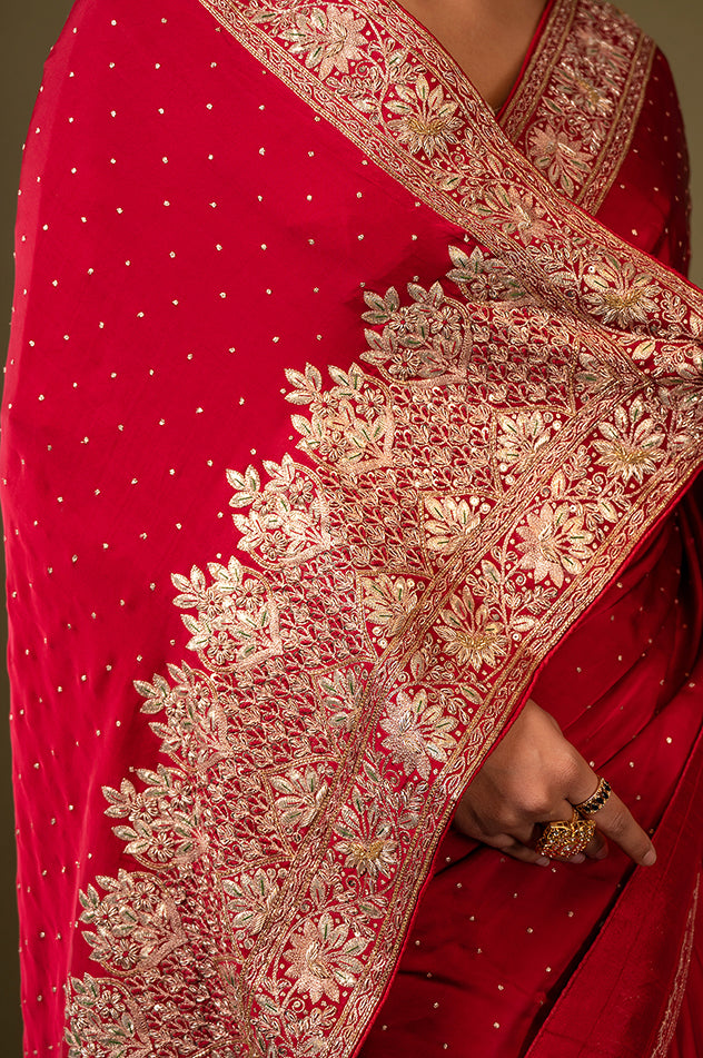 Royal red pure silk Satin gota patti  handwork saree