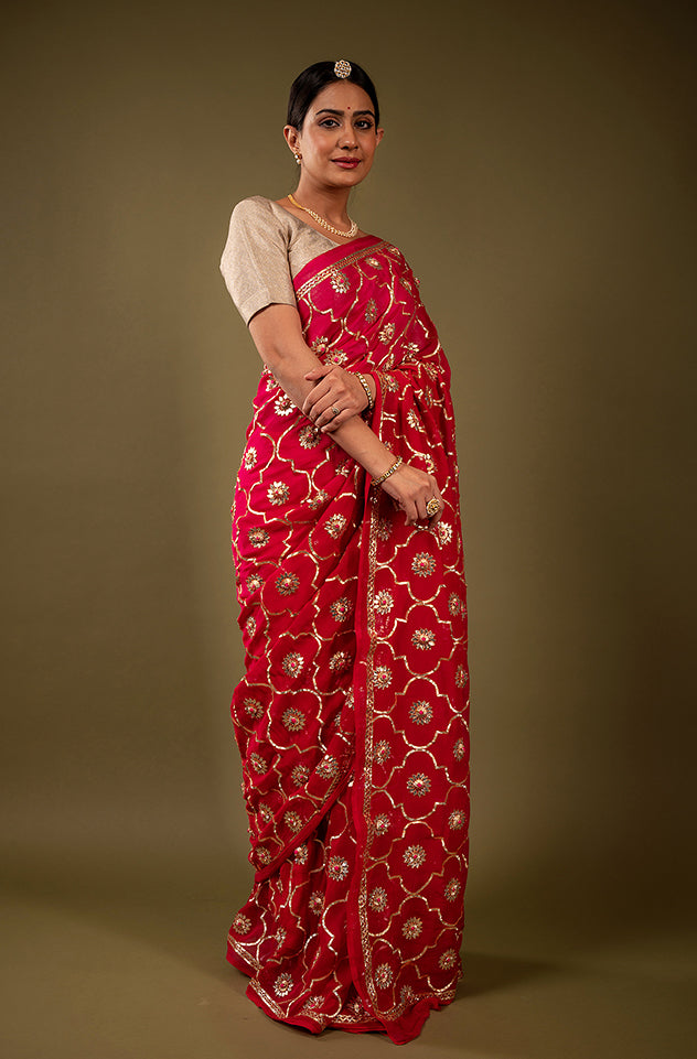 Red pure chiffon sikhiya gota patti jaal handwork saree