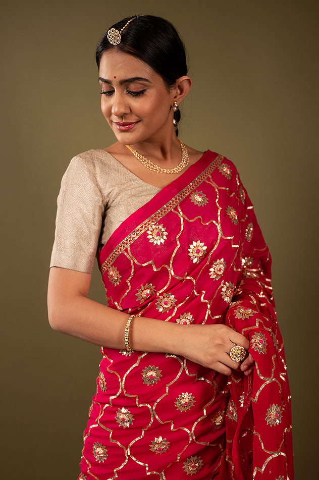 Red pure chiffon sikhiya gota patti jaal handwork saree
