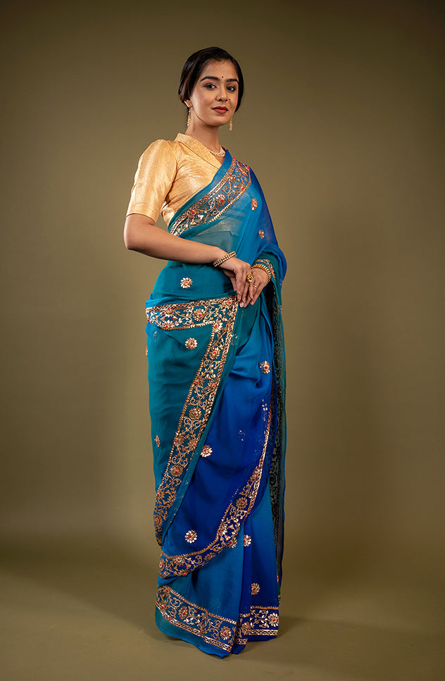 peacock shade pure chiffon gota patti border butti handwork saree