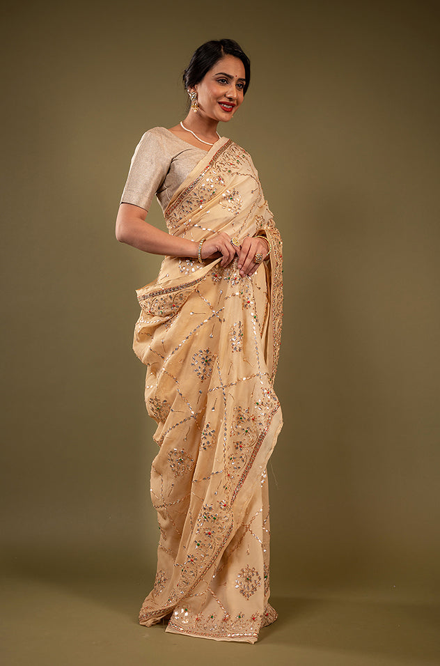 Cream pure chiffon gota patti jaal handwork saree
