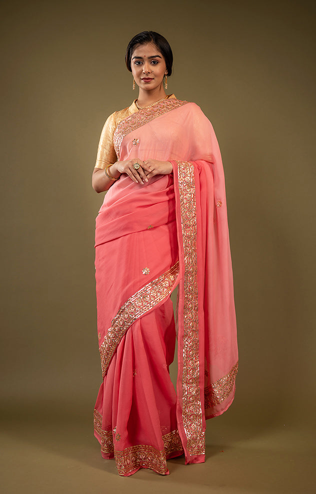 Gajri Light dark pure chiffon Gota patti   handwork saree