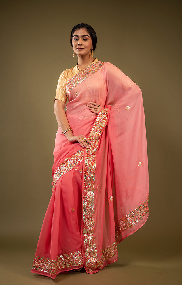 Gajri Light dark pure chiffon Gota patti   handwork saree