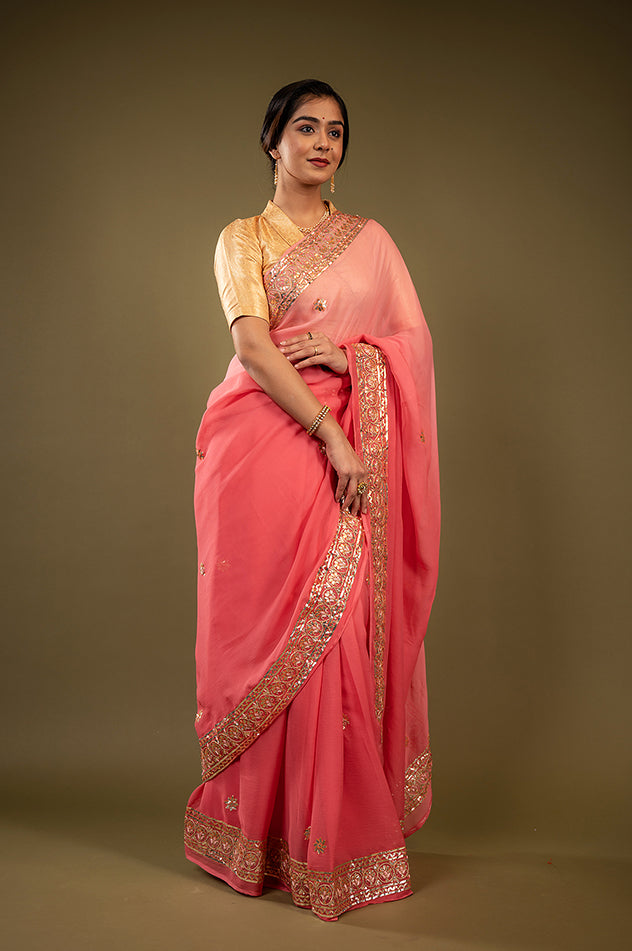 Gajri Light dark pure chiffon Gota patti   handwork saree