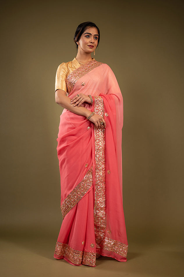 Gajri Light dark pure chiffon Gota patti   handwork saree