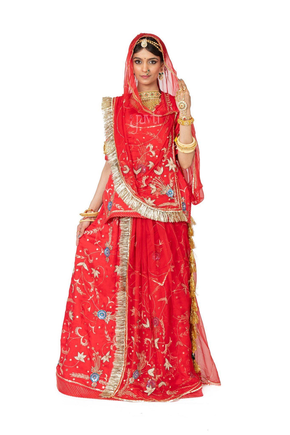 Red Aari Resham Sequins Rajputi Poshak - Yuvti