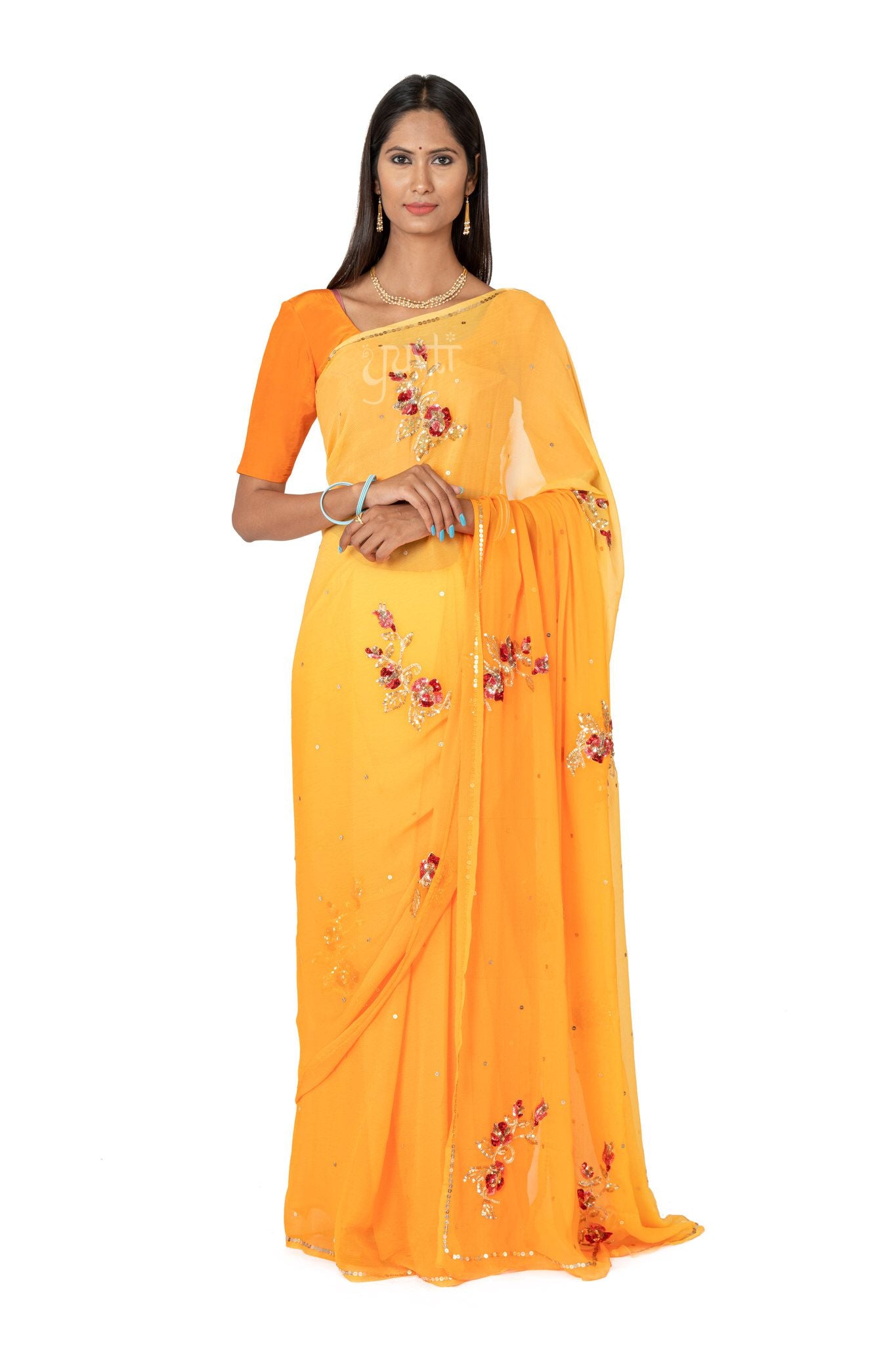Yelow Shaded Viscose Chiffon All over Sequnce Motif  Handwork Party wear Saree
