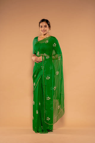 Kardana Kundan Green Viscose Chiffon Saree