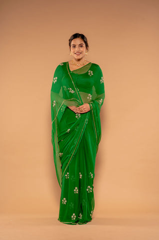 Kardana Kundan Green Viscose Chiffon Saree