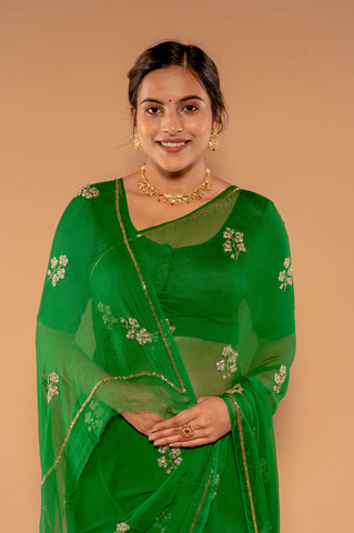 Kardana Kundan Green Viscose Chiffon Saree