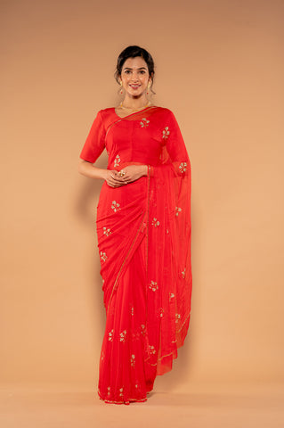 Kardana Kundan Red Viscose Chiffon Saree