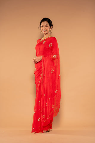 Kardana Kundan Red Viscose Chiffon Saree