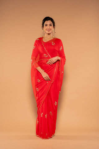 Kardana Kundan Red Viscose Chiffon Saree