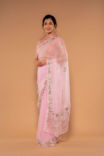 Sikhiya Pink Viscose Chiffon Saree