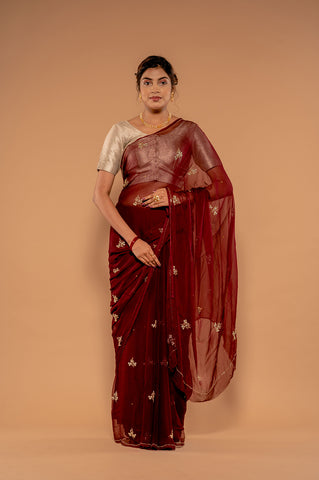 Kardana Kundan Maroon Viscose Chiffon Saree