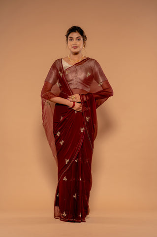 Kardana Kundan Maroon Viscose Chiffon Saree