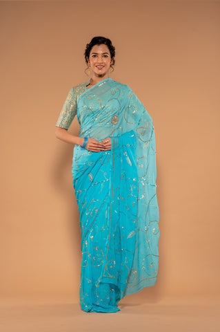 Aari Sequins Sky Blue Saree