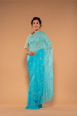 Aari Sequins Sky Blue Saree