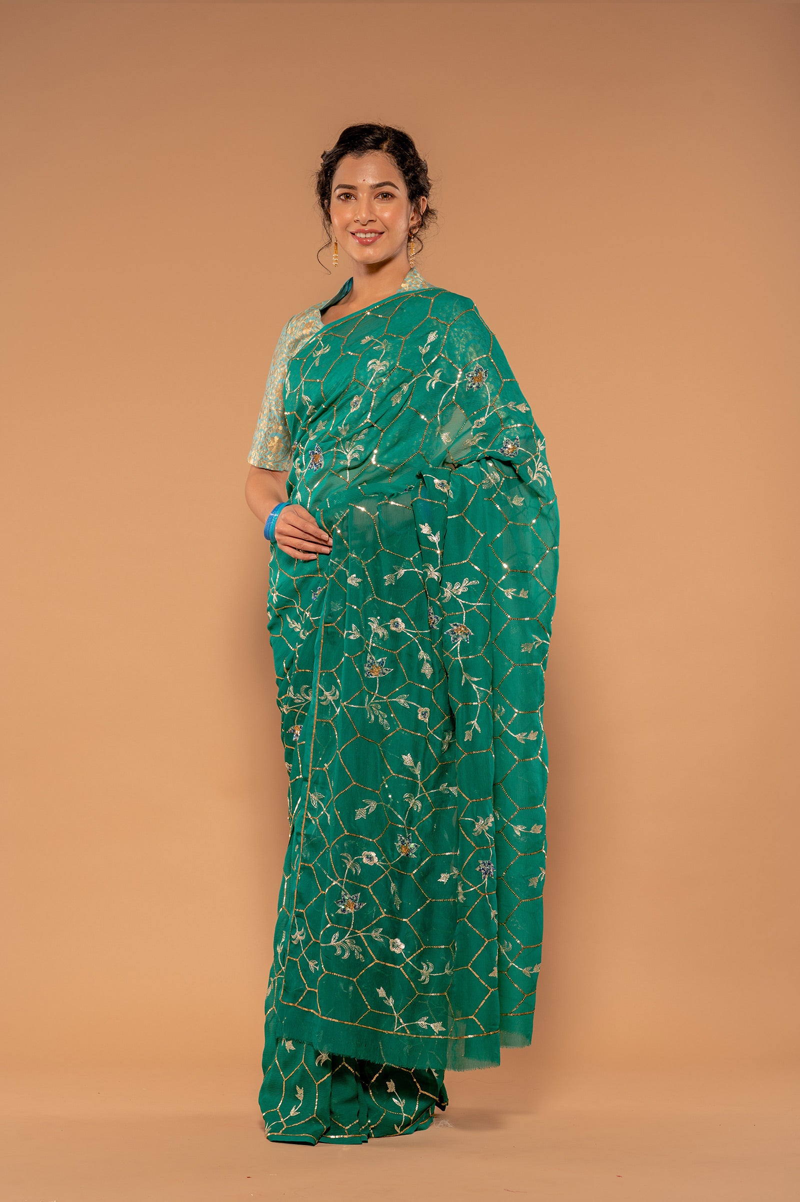 rama green Pure Chiffon aari sequins  jaal handwork Saree