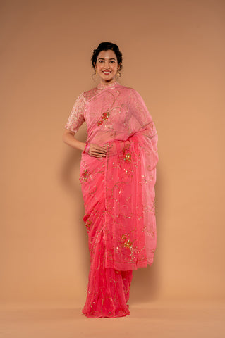 Kardana Sequins Pink Viscose Chiffon Saree