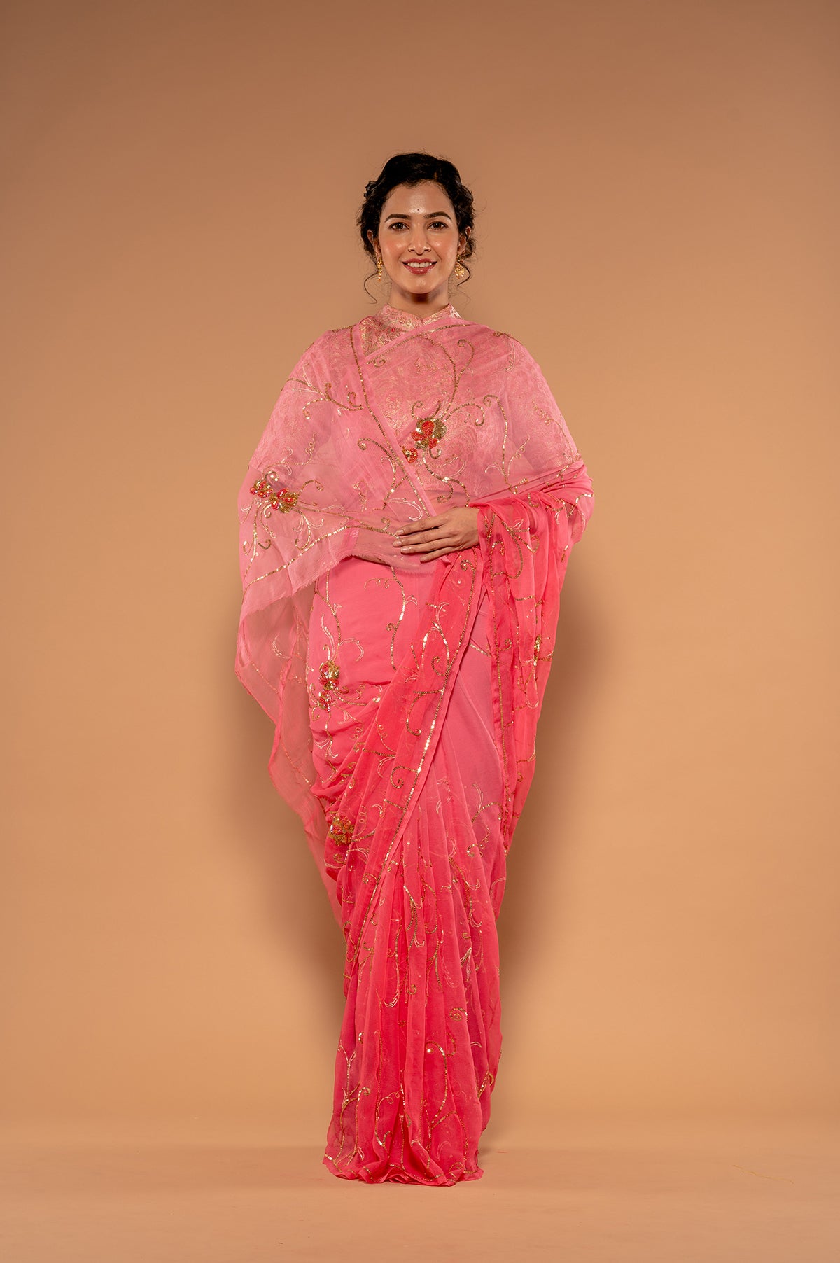 Kardana Sequins Pink Viscose Chiffon Saree