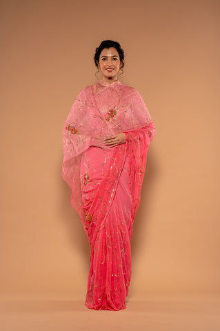 Kardana Sequins Pink Viscose Chiffon Saree